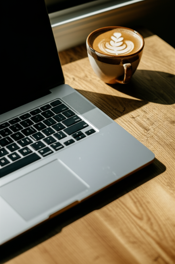 Coffee and laptop workspace setup