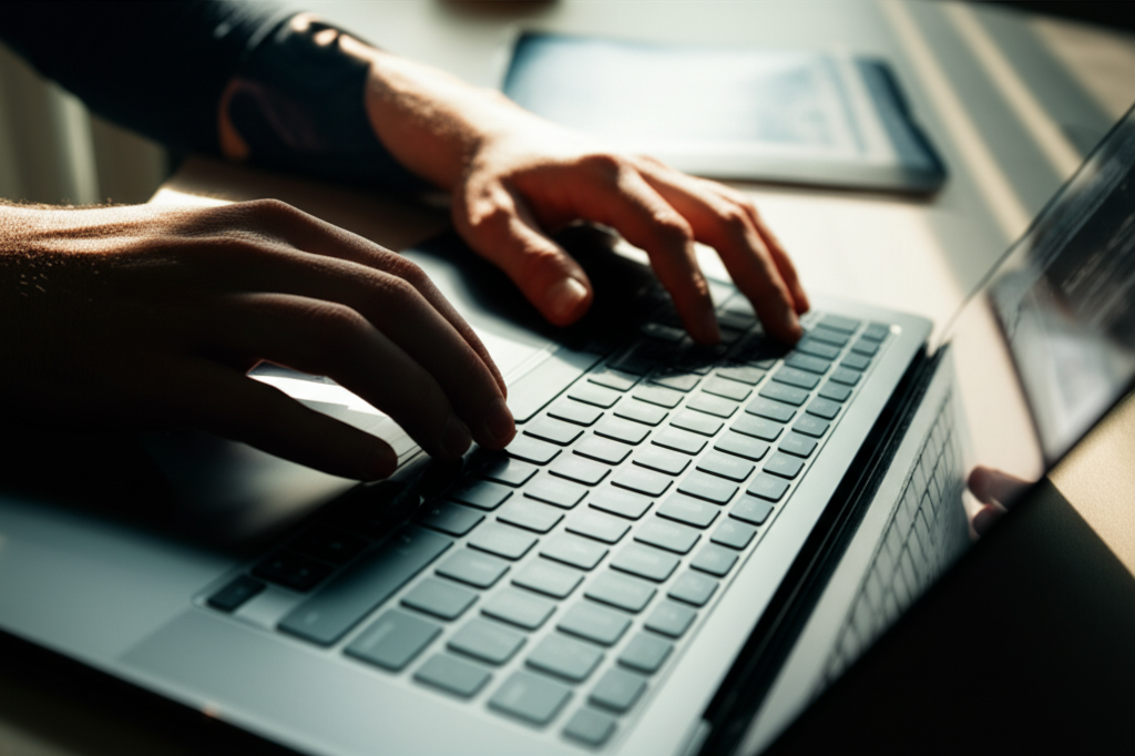 Hands typing on laptop keyboard