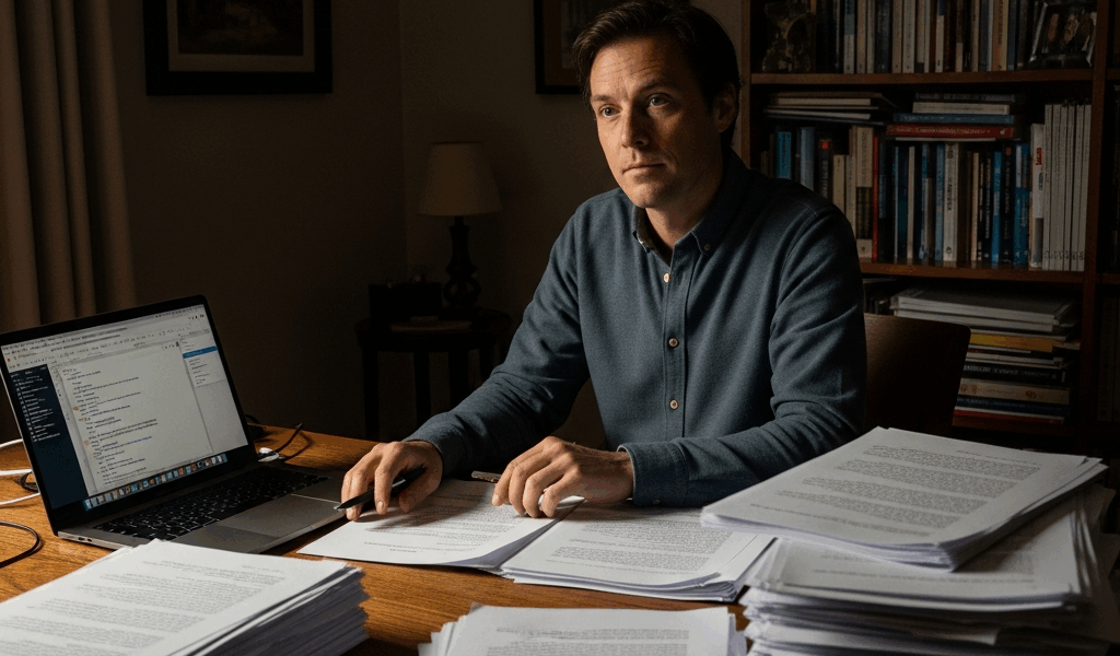 writer at a desk with manuscript pages and a laptop thoughtf 20260331 094223