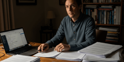 writer at a desk with manuscript pages and a laptop thoughtf 20260331 094223