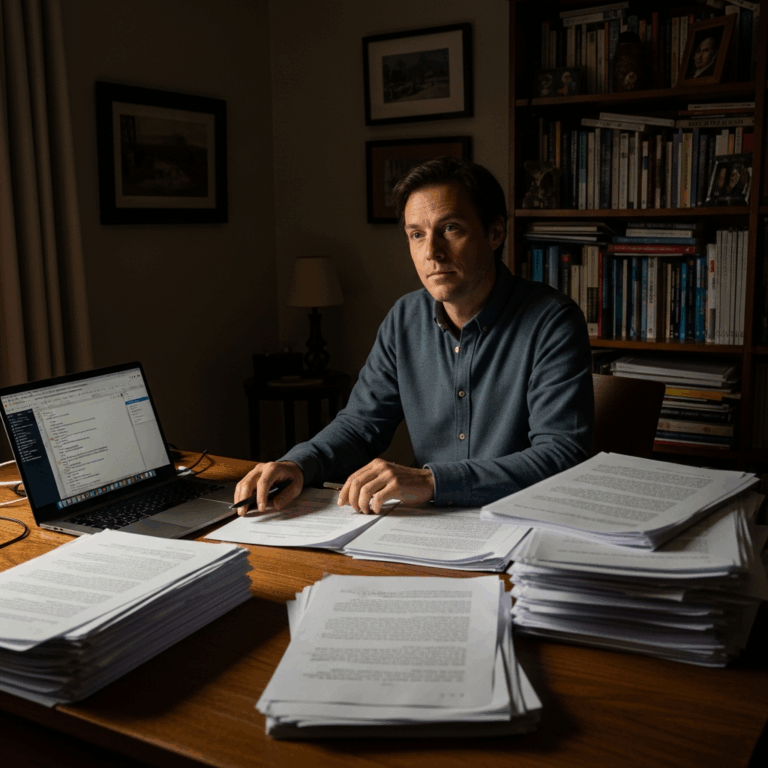 writer at a desk with manuscript pages and a laptop thoughtf 20260331 094223