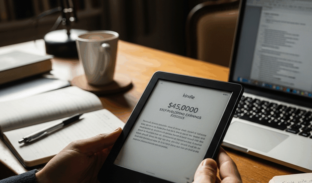 Kindle e-reader showing book pages self-publishing earnings writer workspace