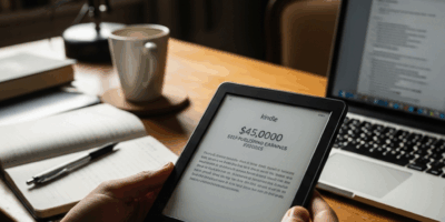 Kindle e-reader showing book pages self-publishing earnings writer workspace